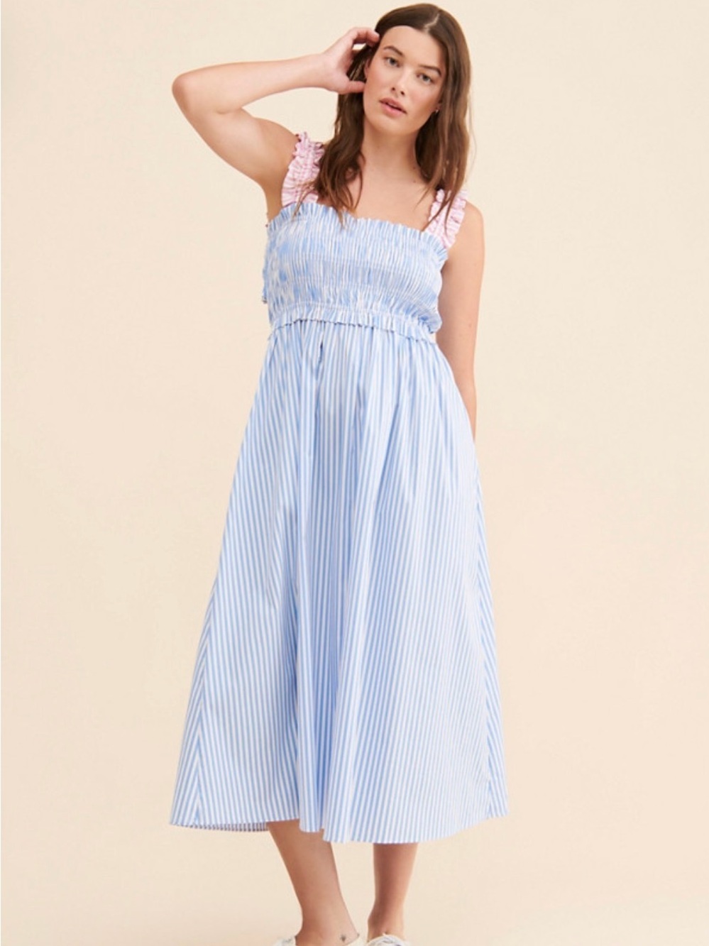 Blue & Pink Striped Smocked Midi Dress